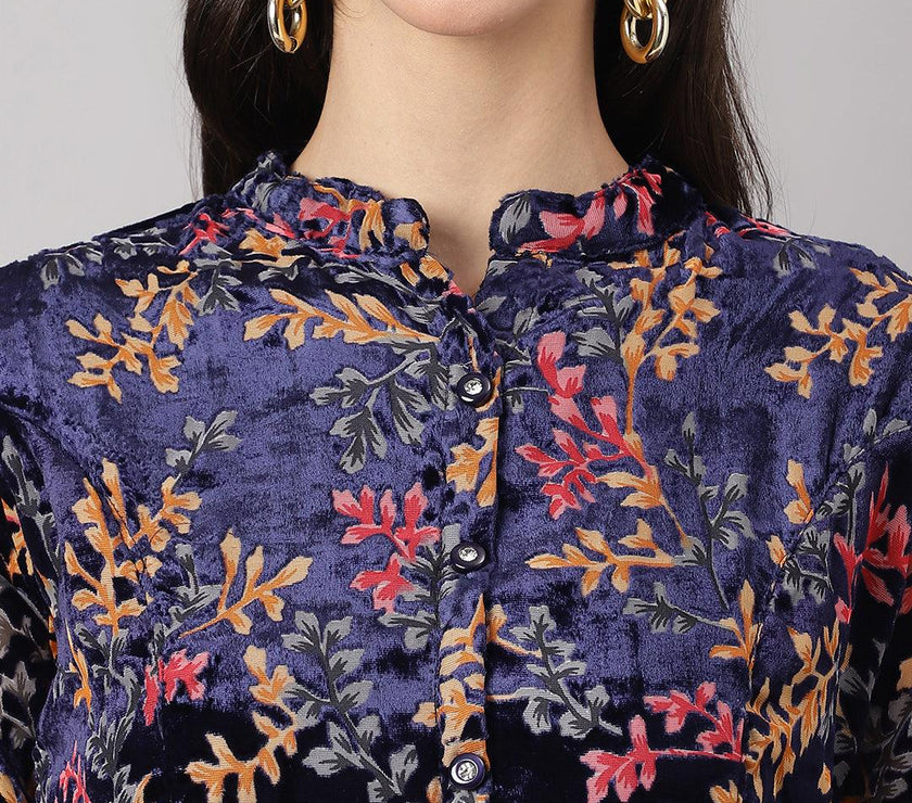 Divena Blue Floral Burn out Valvet A-line Shirts Style Top - divena world