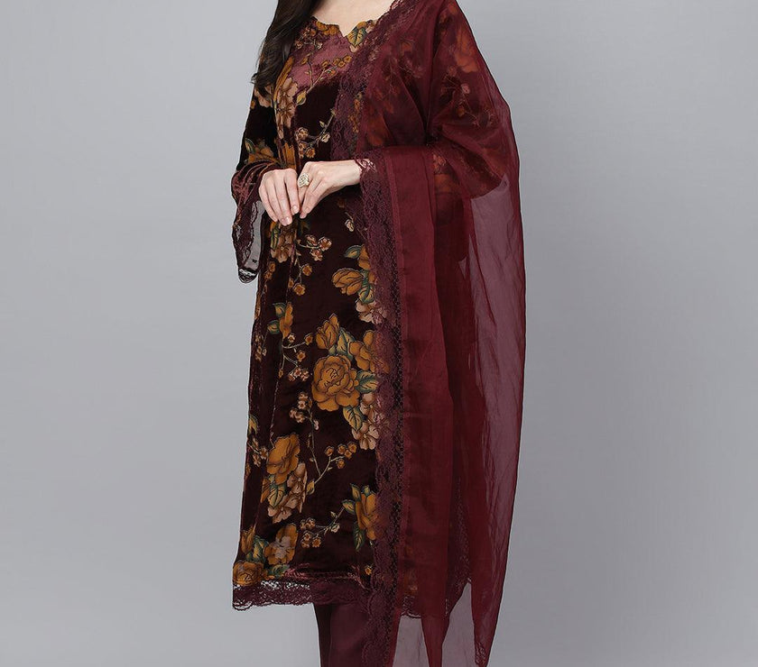 Divena Wine Floral Burn Out Velvet Kurta pant With Organza Dupatta set - divena world