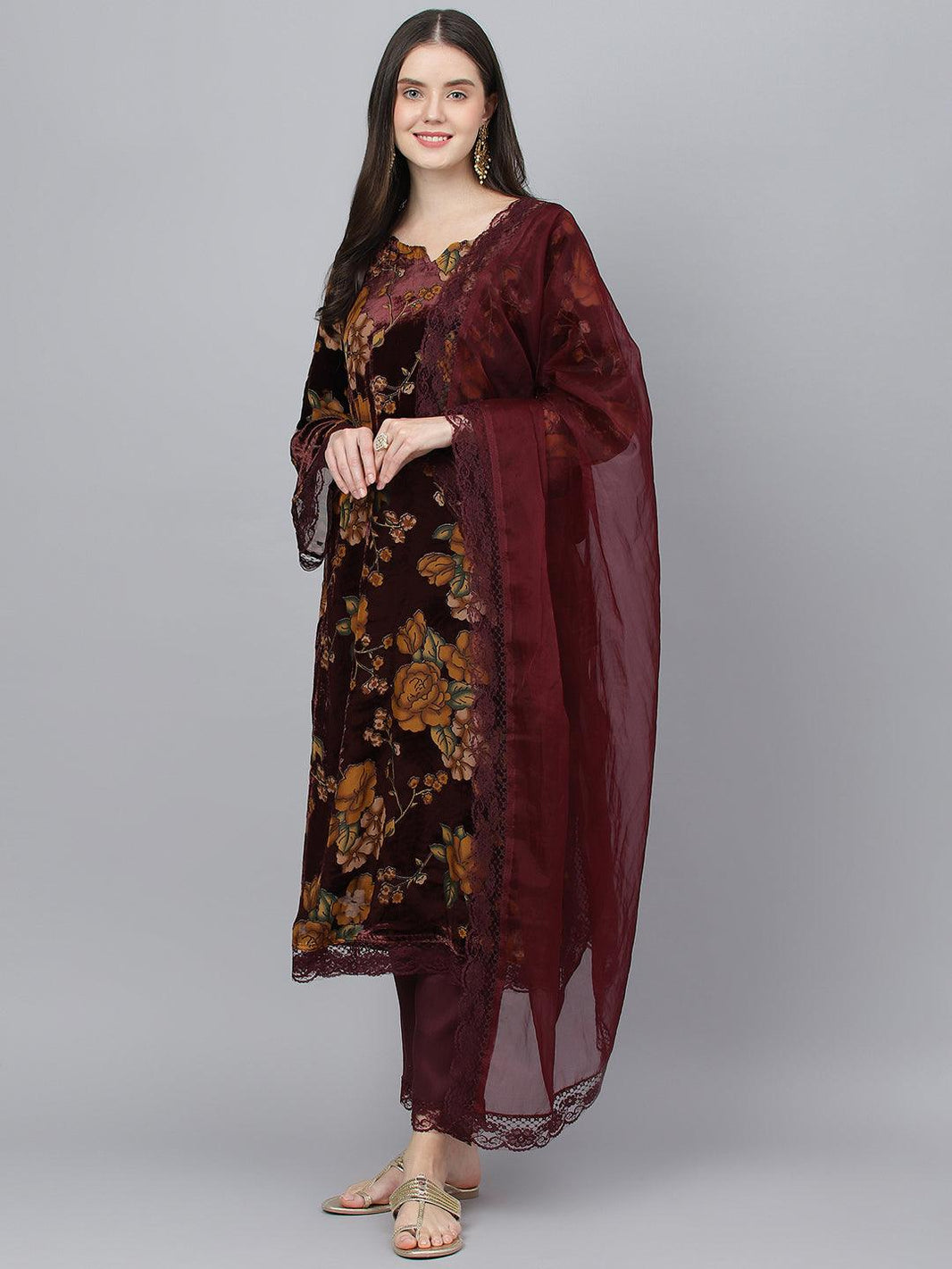 Divena Wine Floral Burn Out Velvet Kurta pant With Organza Dupatta set - divena world