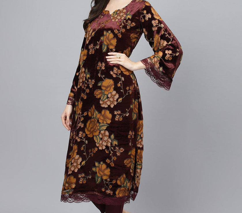 Divena Wine Floral Burn Out Velvet Kurta pant With Organza Dupatta set - divena world