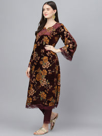 Divena Wine Floral Burn Out Velvet Kurta pant With Organza Dupatta set - divena world