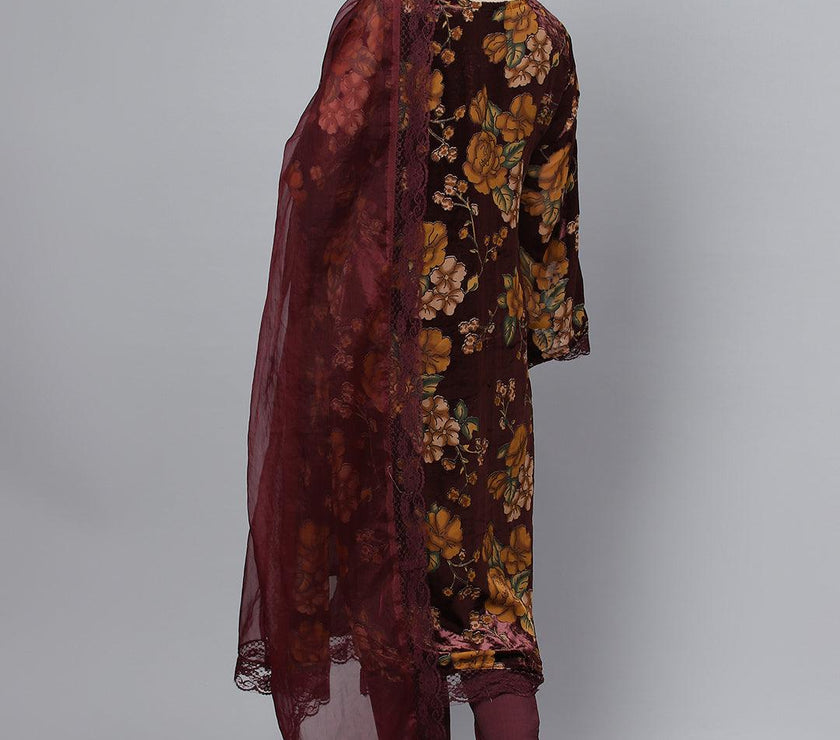 Divena Wine Floral Burn Out Velvet Kurta pant With Organza Dupatta set - divena world