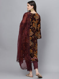 Divena Wine Floral Burn Out Velvet Kurta pant With Organza Dupatta set - divena world