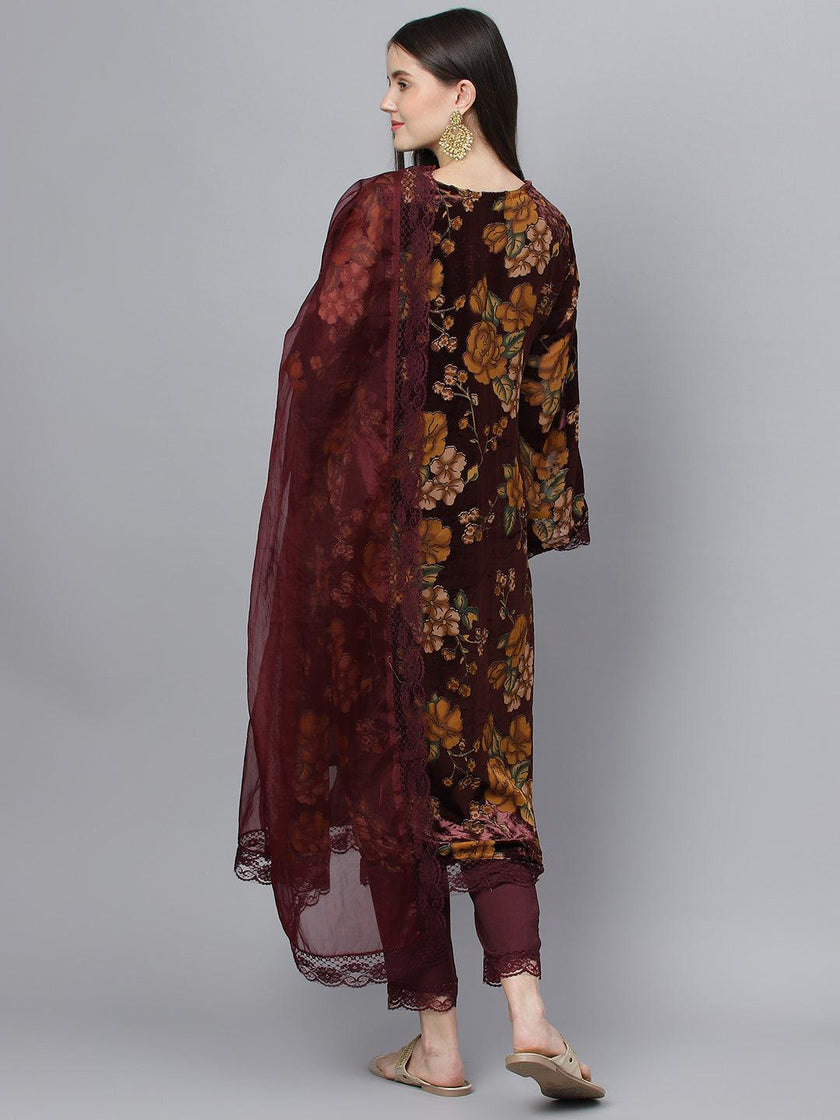 Divena Wine Floral Burn Out Velvet Kurta pant With Organza Dupatta set - divena world