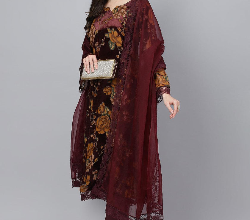 Divena Wine Floral Burn Out Velvet Kurta pant With Organza Dupatta set - divena world