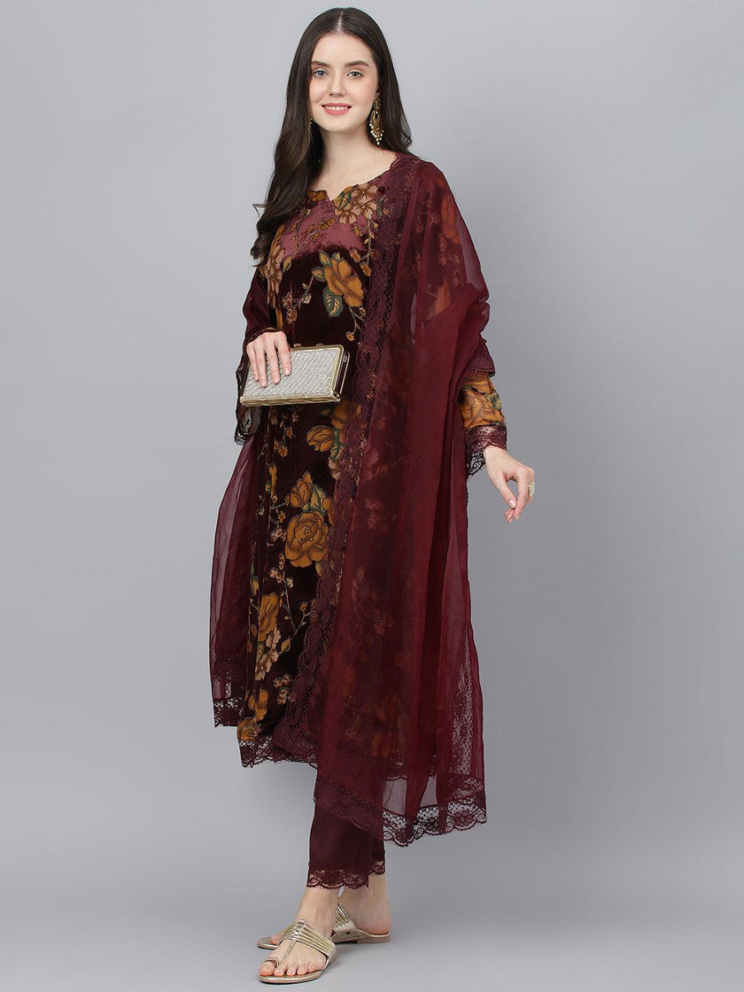 Divena Wine Floral Burn Out Velvet Kurta pant With Organza Dupatta set - divena world