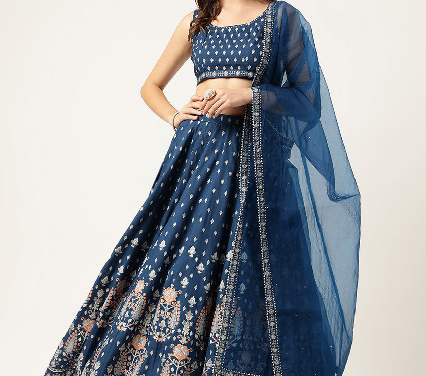 Divena Blue Rayon Flared Lehenga Choli Set with Organza Dupatta