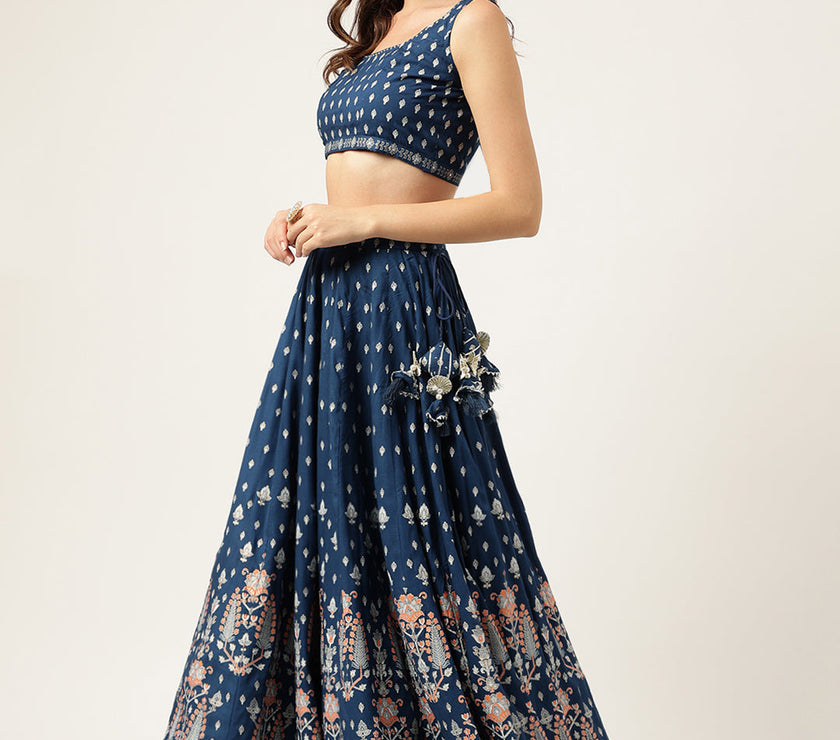 Divena Blue Rayon Flared Lehenga Choli Set with Organza Dupatta