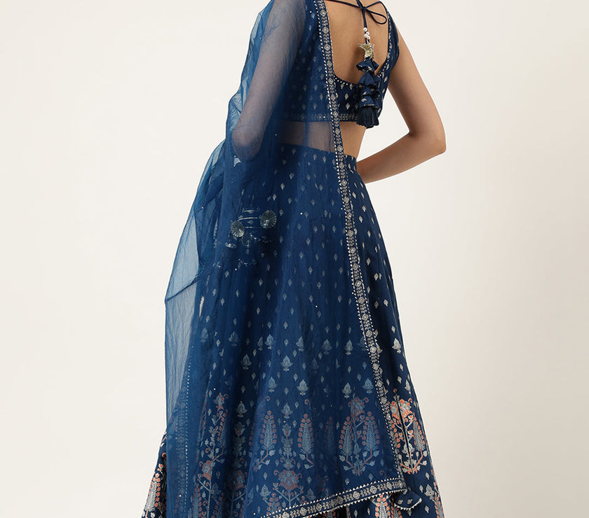 Divena Blue Rayon Flared Lehenga Choli Set with Organza Dupatta