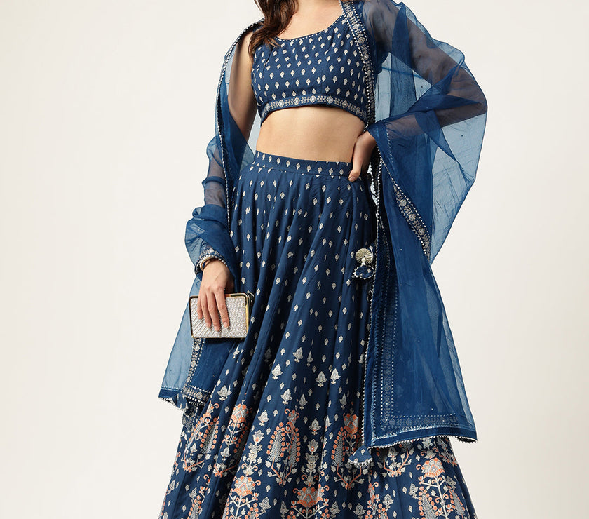 Divena Blue Rayon Flared Lehenga Choli Set with Organza Dupatta