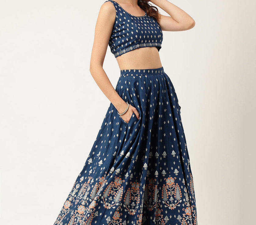 Divena Blue Rayon Flared Lehenga Choli Set with Organza Dupatta