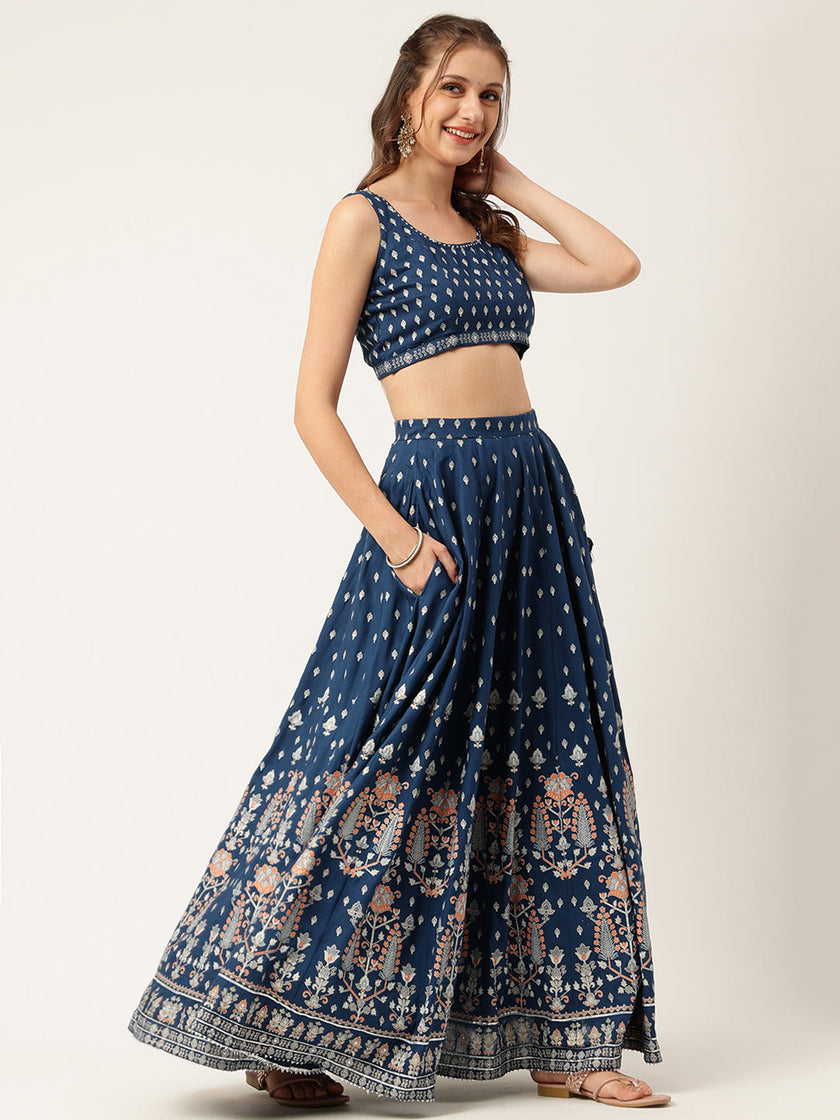 Divena Blue Rayon Flared Lehenga Choli Set with Organza Dupatta