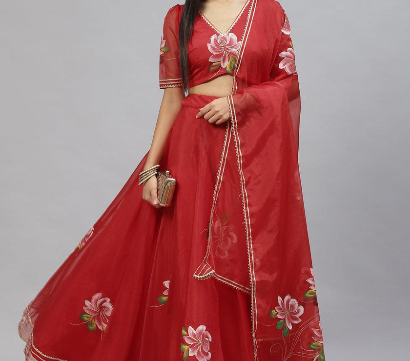 Divena Red Hand Painted Organza Flared Lehenga Choli Set with Organza Dupatta - divena world