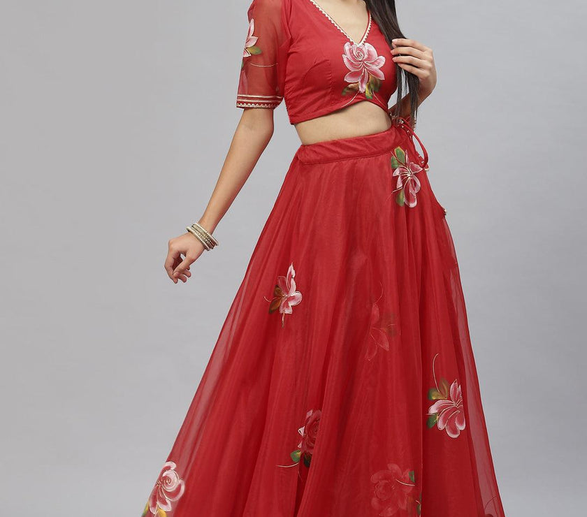 Divena Red Hand Painted Organza Flared Lehenga Choli Set with Organza Dupatta - divena world