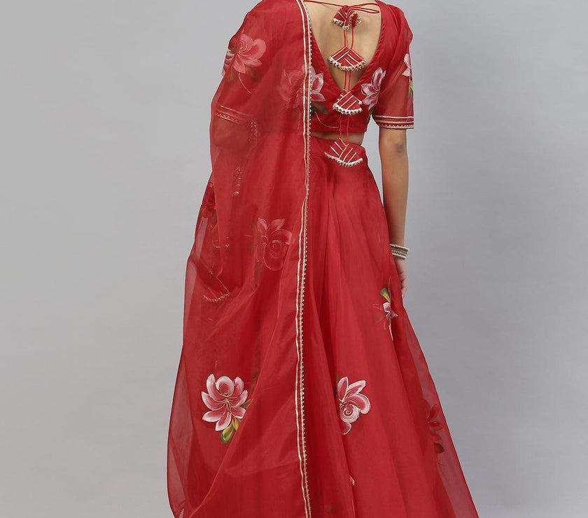 Divena Red Hand Painted Organza Flared Lehenga Choli Set with Organza Dupatta - divena world