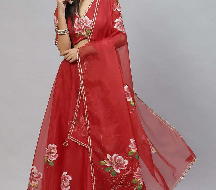 Divena Red Hand Painted Organza Flared Lehenga Choli Set with Organza Dupatta - divena world