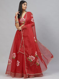 Divena Red Hand Painted Organza Flared Lehenga Choli Set with Organza Dupatta - divena world