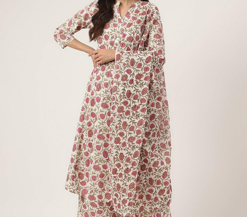 Divena White Floral Printed Anarkali Kurta Palazoo Sets - divena world