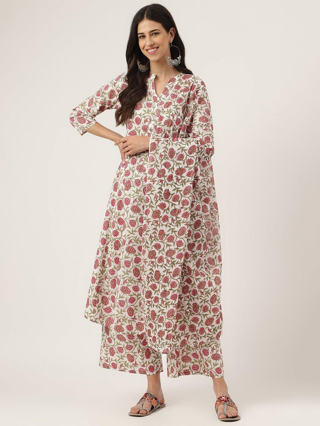 Divena White Floral Printed Anarkali Kurta Palazoo Sets - divena world