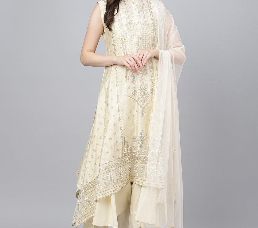 Divena Cream Chanderi kurta Pant Set with Net Dupatta - divena world