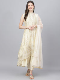 Divena Cream Chanderi kurta Pant Set with Net Dupatta - divena world