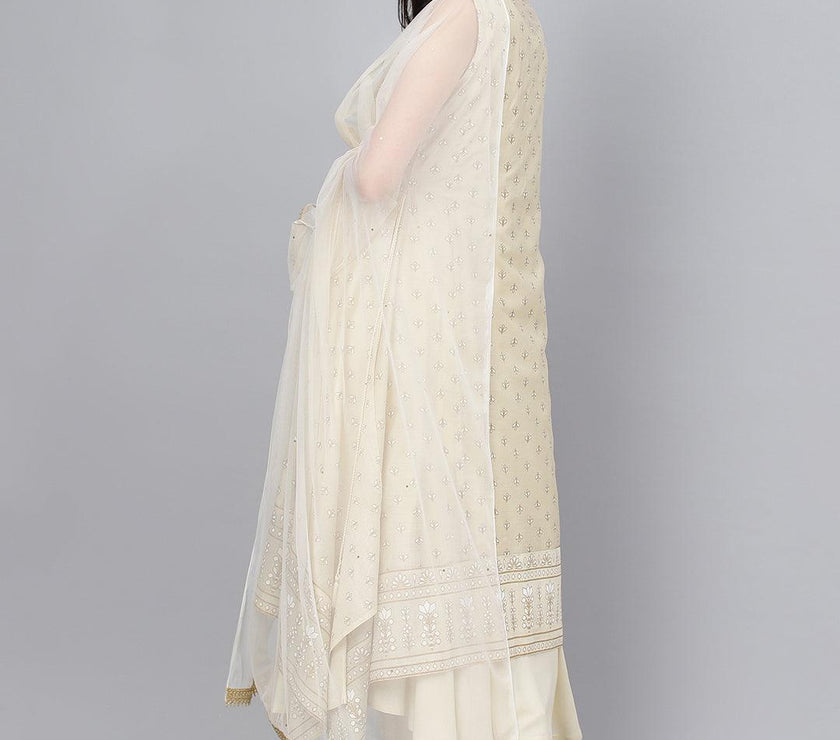 Divena Cream Chanderi kurta Pant Set with Net Dupatta - divena world