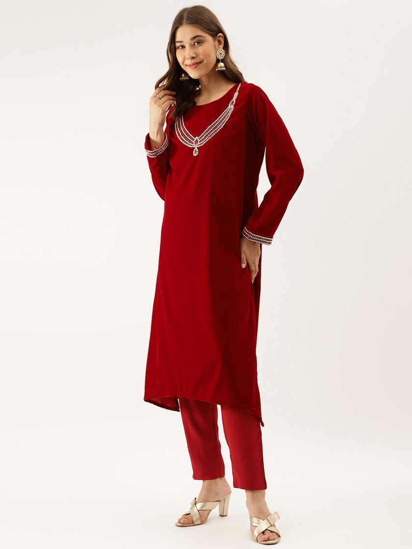 Divena Maroon Plain Velvet Bead work Embroidered Kurta Set with Organza Dupatta