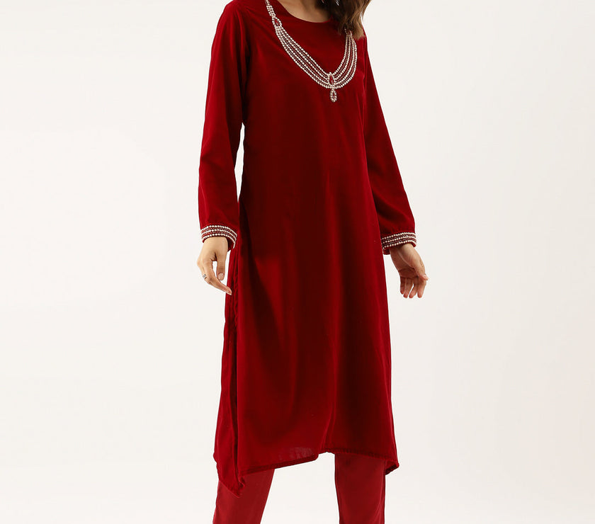 Divena Maroon Plain Velvet Bead work Embroidered Kurta Set with Organza Dupatta