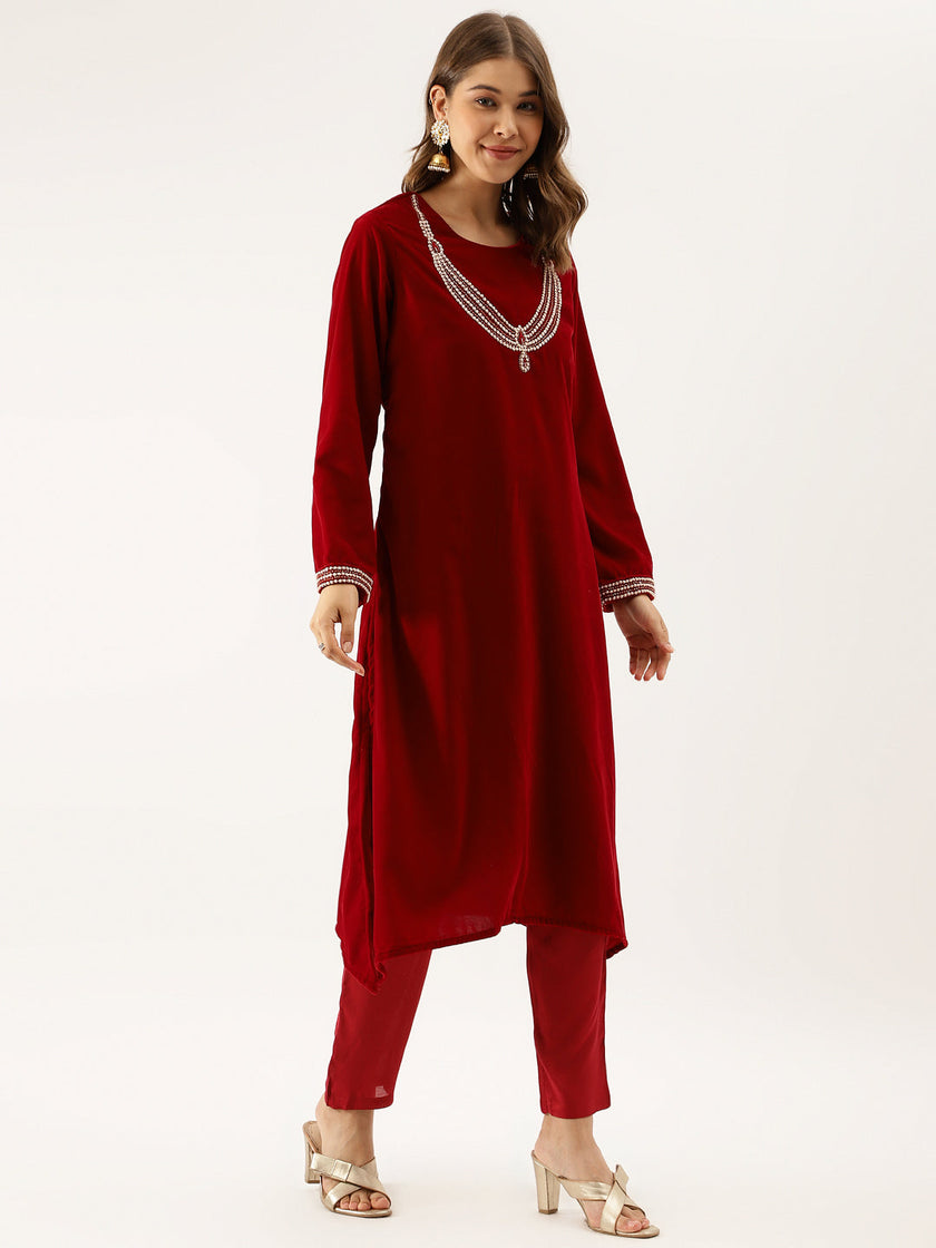 Divena Maroon Plain Velvet Bead work Embroidered Kurta Set with Organza Dupatta