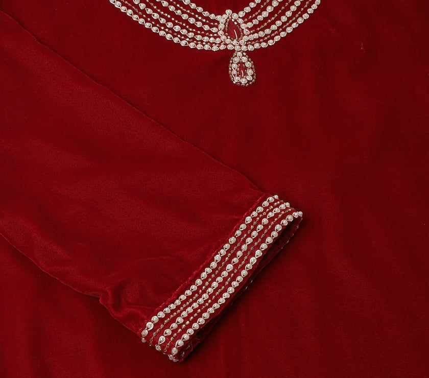 Divena Maroon Plain Velvet Bead work Embroidered Kurta Set with Organza Dupatta