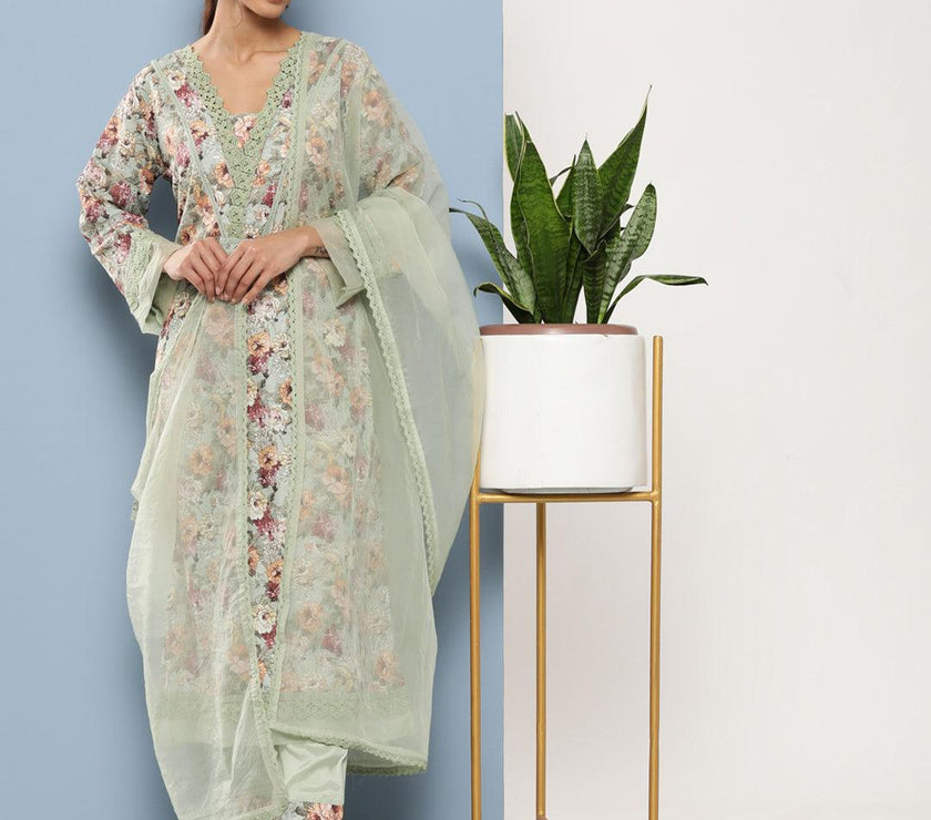 Divena Poly Chanderi Floral Printed Kurta Pant Set with Organza Dupatta - divena world