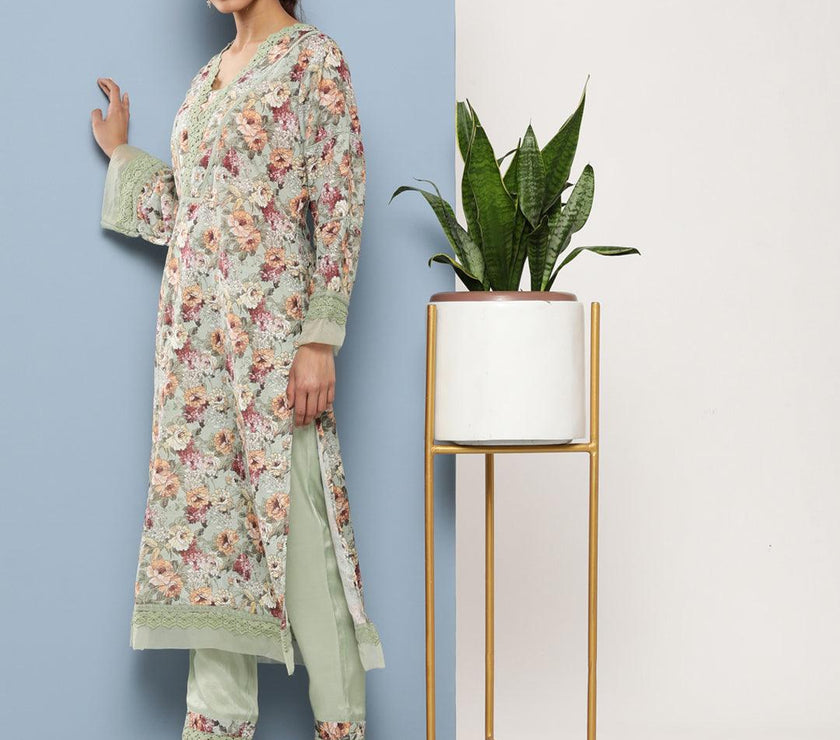 Divena Poly Chanderi Floral Printed Kurta Pant Set with Organza Dupatta - divena world