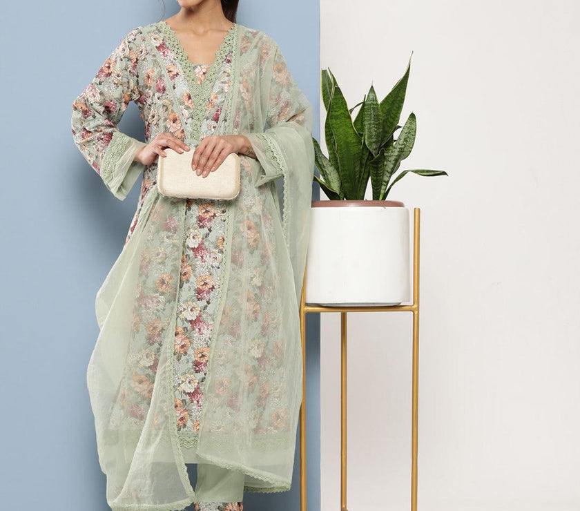 Divena Poly Chanderi Floral Printed Kurta Pant Set with Organza Dupatta - divena world