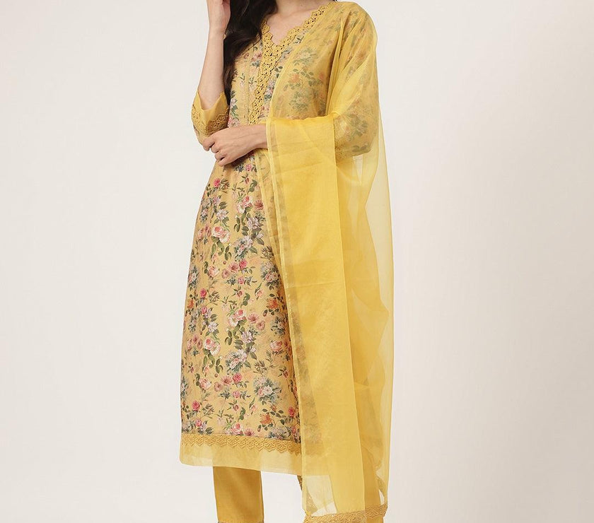 Divena Poly Chanderi Floral Printed Kurta Pant Set with Organza Dupatta - divena world