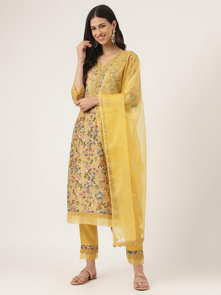 Divena Poly Chanderi Floral Printed Kurta Pant Set with Organza Dupatta - divena world