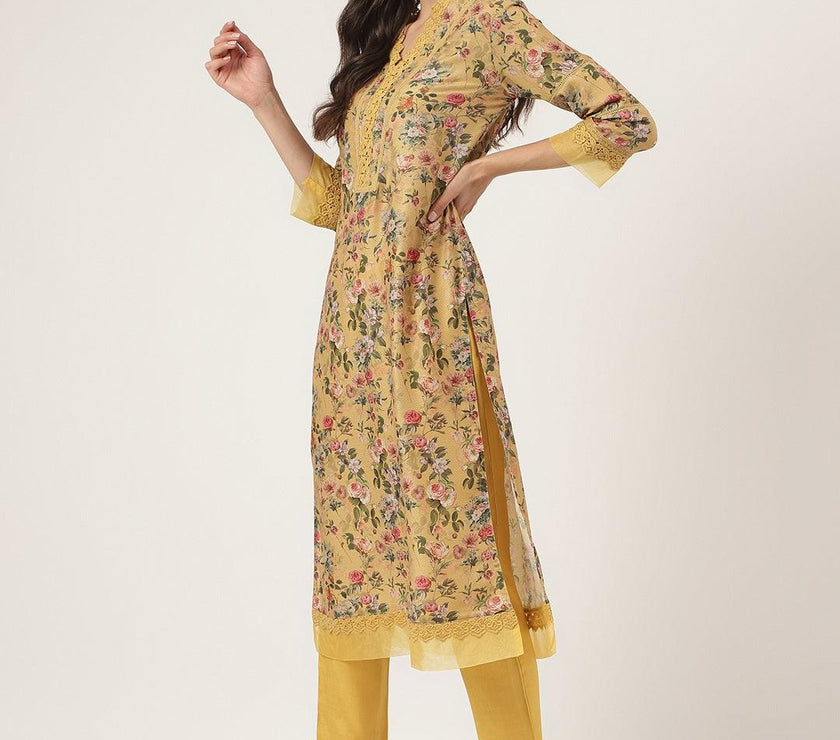 Divena Poly Chanderi Floral Printed Kurta Pant Set with Organza Dupatta - divena world