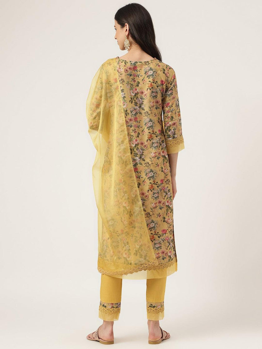 Divena Poly Chanderi Floral Printed Kurta Pant Set with Organza Dupatta - divena world