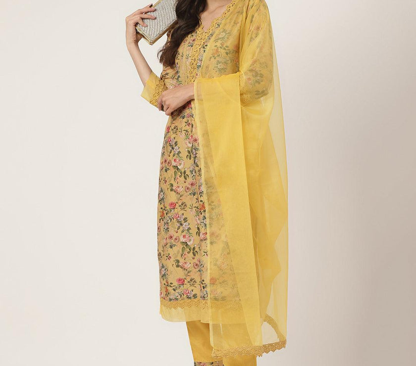 Divena Poly Chanderi Floral Printed Kurta Pant Set with Organza Dupatta - divena world