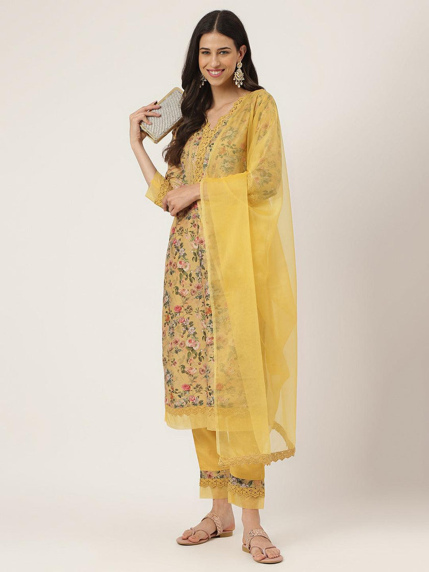 Divena Poly Chanderi Floral Printed Kurta Pant Set with Organza Dupatta - divena world