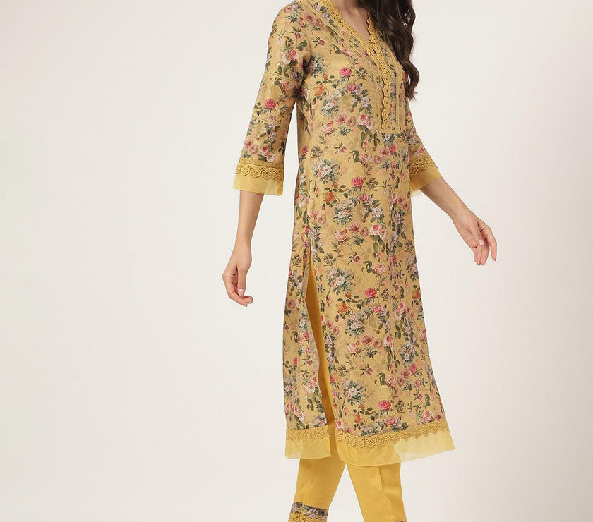 Divena Poly Chanderi Floral Printed Kurta Pant Set with Organza Dupatta - divena world