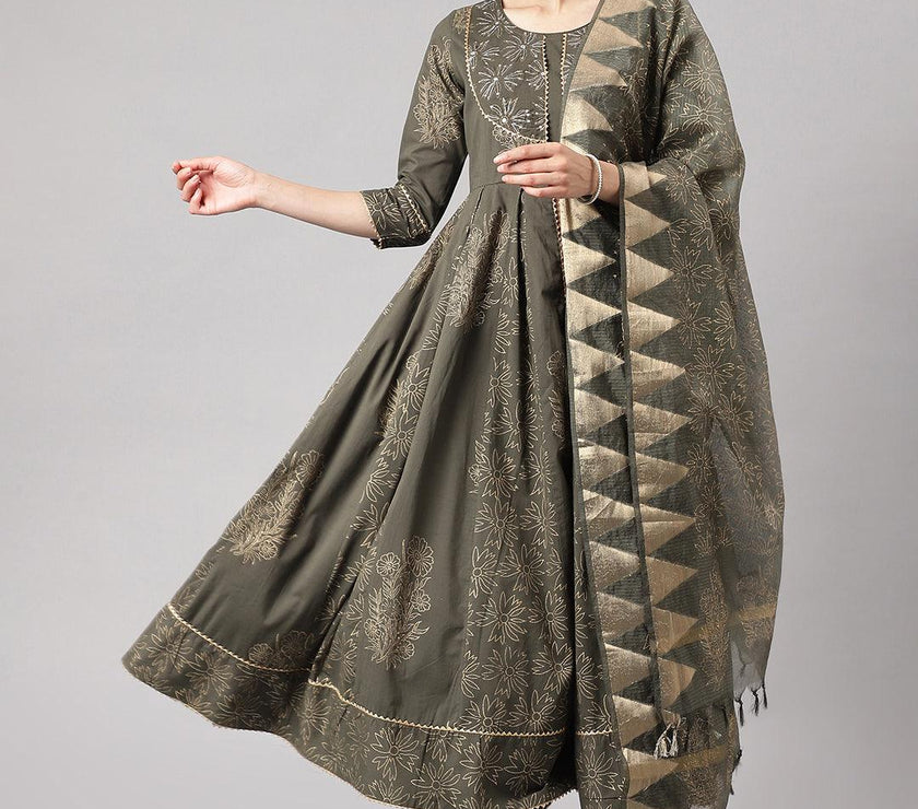 Divena Olive Green Hand Block Cotton Kurta Pant Set with Dupatta - divena world