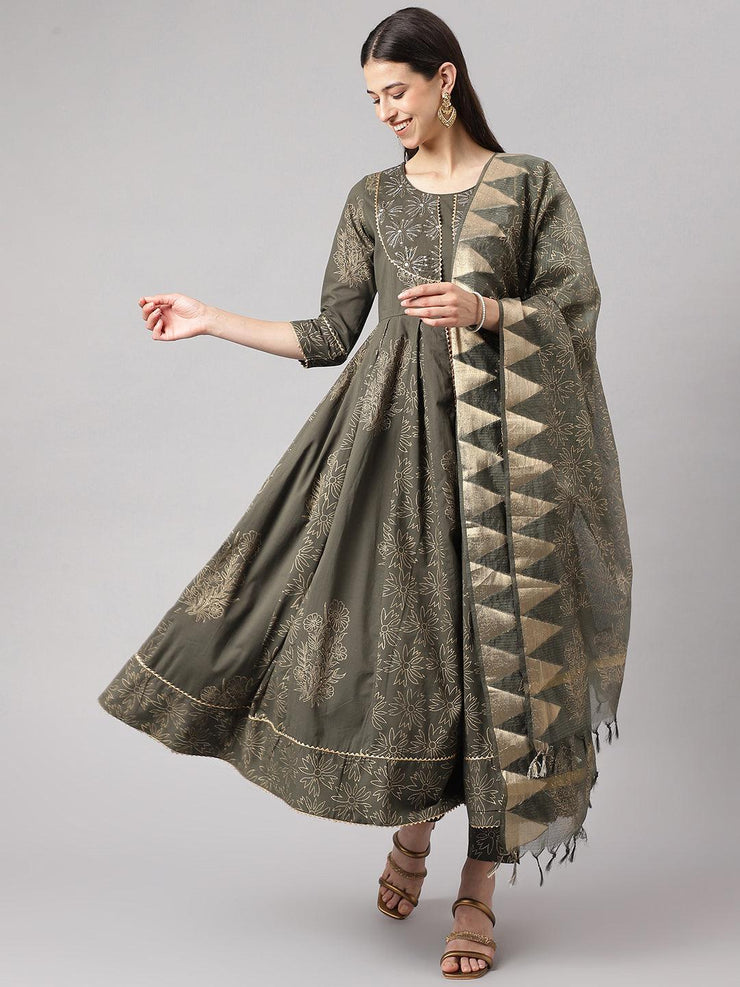 Divena Olive Green Hand Block Cotton Kurta Pant Set with Dupatta - divena world