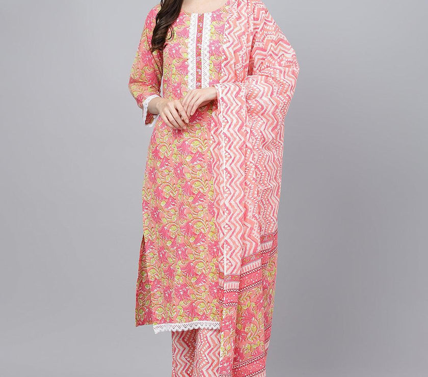 Divena Peach Floral Printed Kurta Pant set With Dupatta - divena world