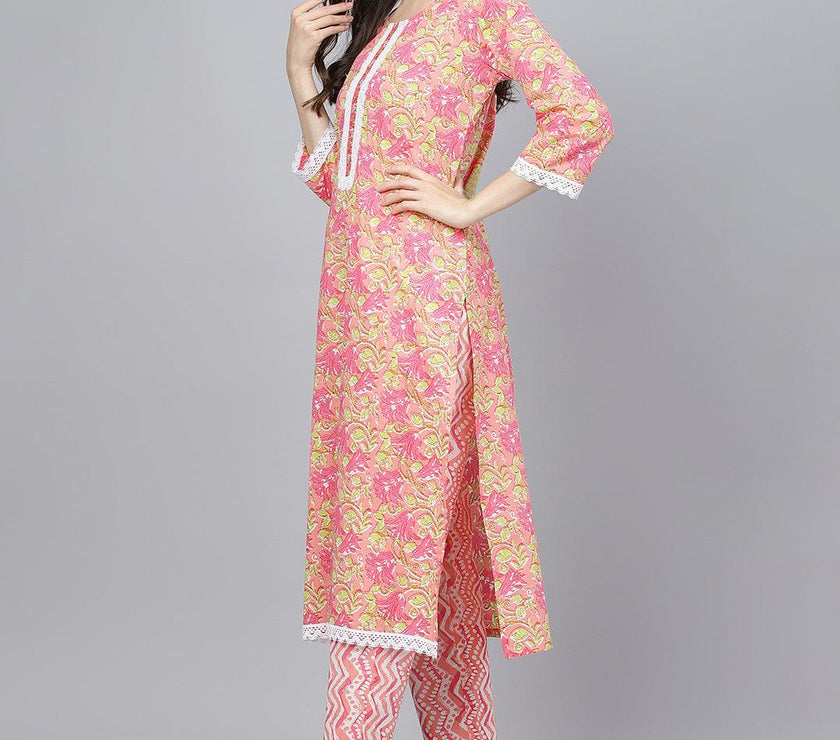 Divena Peach Floral Printed Kurta Pant set With Dupatta - divena world