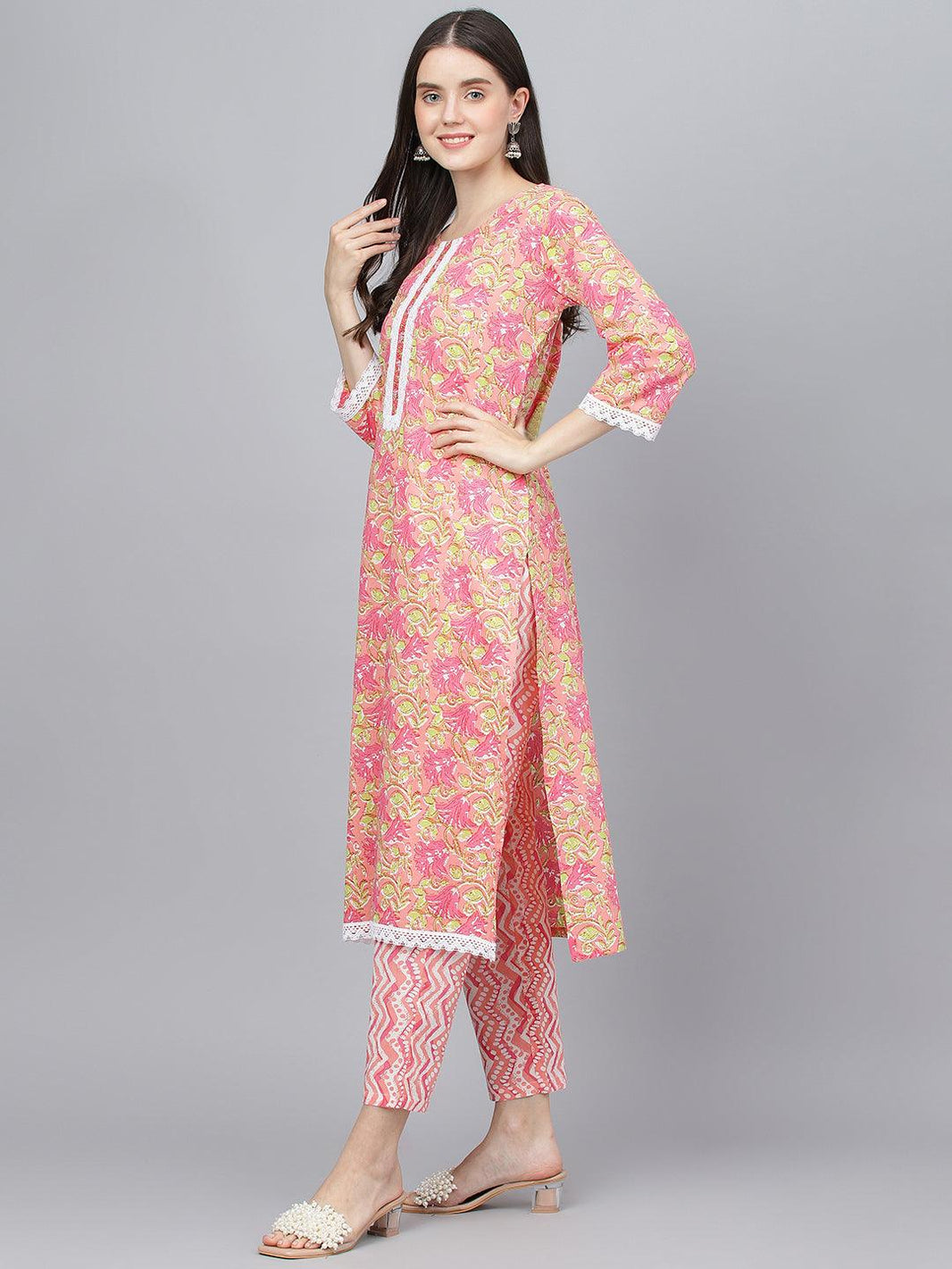 Divena Peach Floral Printed Kurta Pant set With Dupatta - divena world