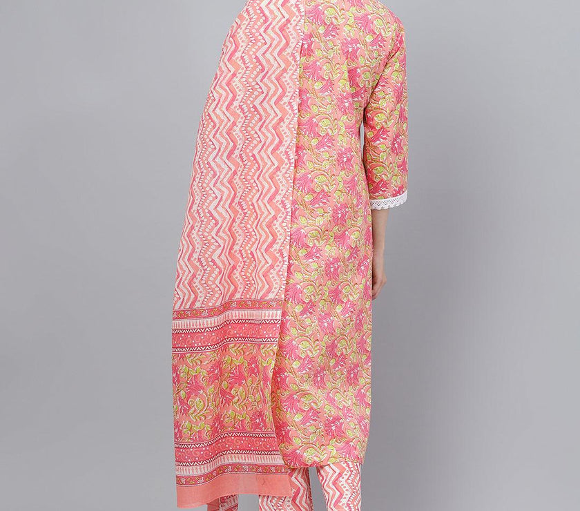 Divena Peach Floral Printed Kurta Pant set With Dupatta - divena world