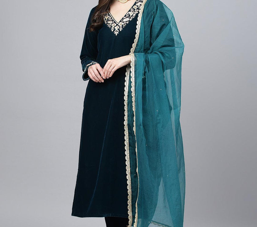 Divena Teal Green Velvet hand work Kurta pant With Organza Dupatta set - divena world