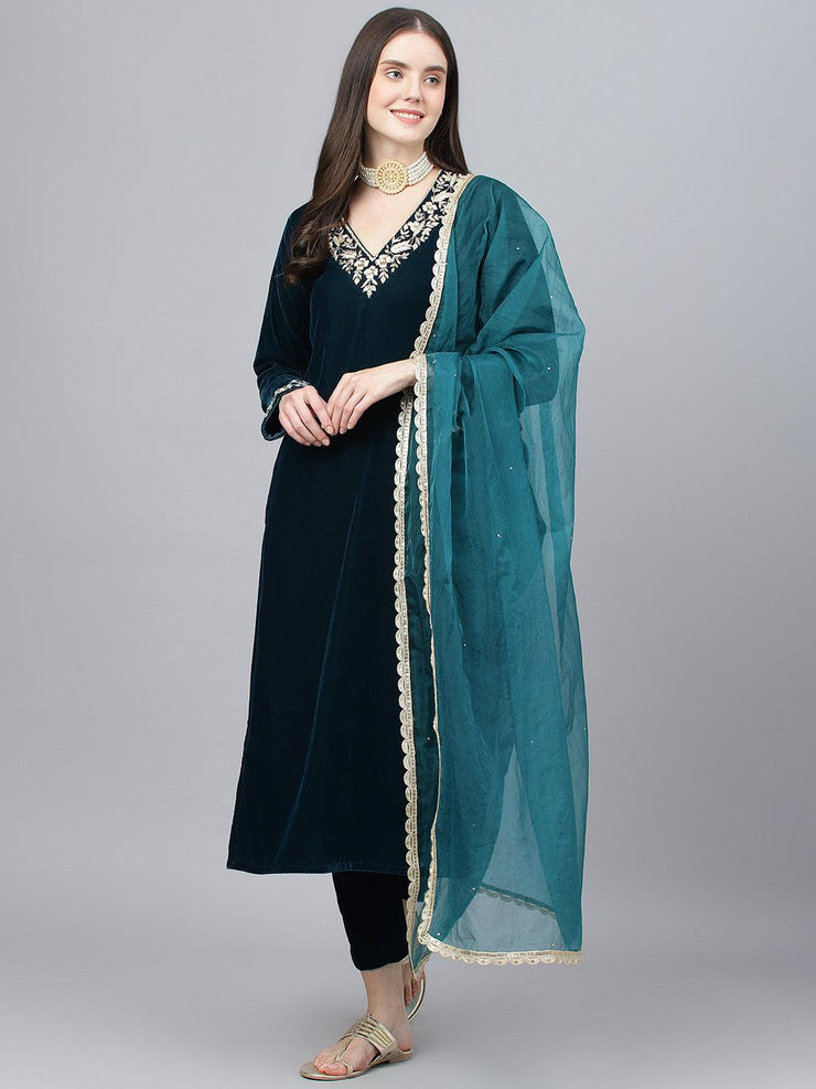 Divena Teal Green Velvet hand work Kurta pant With Organza Dupatta set - divena world