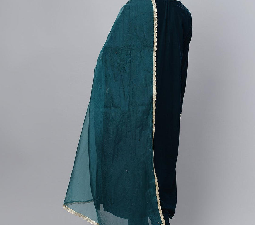 Divena Teal Green Velvet hand work Kurta pant With Organza Dupatta set - divena world