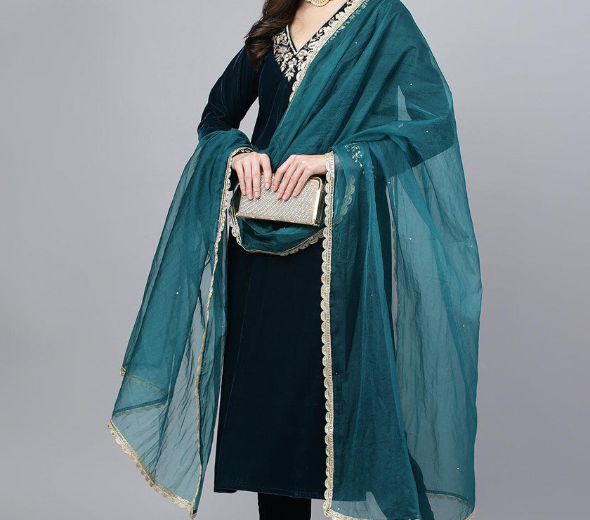 Divena Teal Green Velvet hand work Kurta pant With Organza Dupatta set - divena world